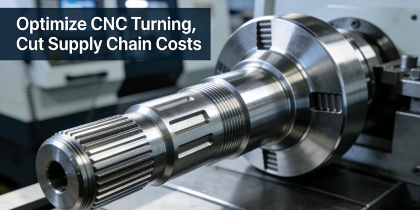 A high-precision machined metal CNC turning part in focus, with a modern CNC lathe in the background, illustrating advanced manufacturing and cost optimization.