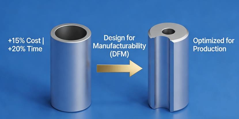 A comparison infographic showing a complex part versus a DFM-optimized simpler part, highlighting potential cost and time savings through design for manufacturability.
