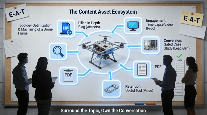 A content team’s planning board visualizes a “content asset ecosystem” stemming from a single complex aerospace project. It maps out a pillar blog post for SEO, an infographic and video for engagement, a gated case study PDF for lead capture, and a useful design checklist for ongoing value, demonstrating a strategic surround-sound approach.