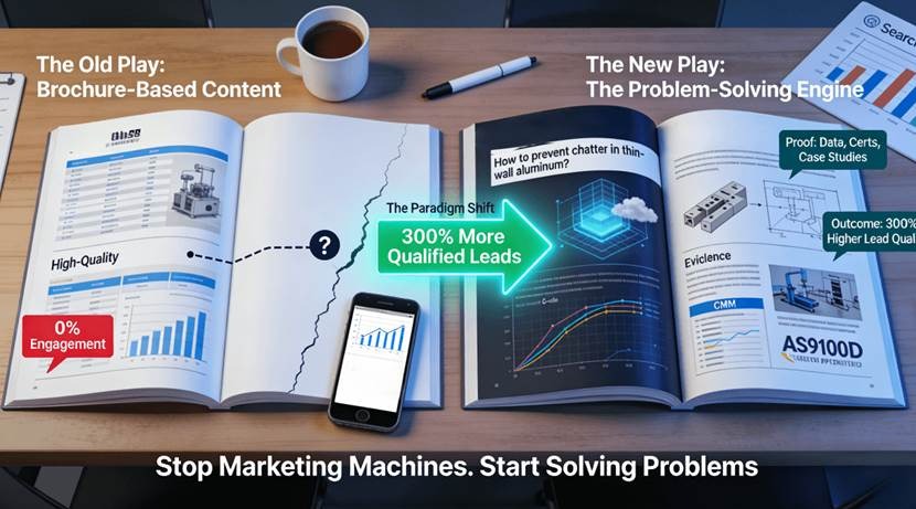 A strategy room table contrasts an old-fashioned, glossy company brochure with generic machine specs and low engagement, against a new, thick “Problem-Solving Engine” playbook filled with specific engineering challenges, FEA simulations, and cert-backed evidence, leading to a 300% increase in qualified leads.